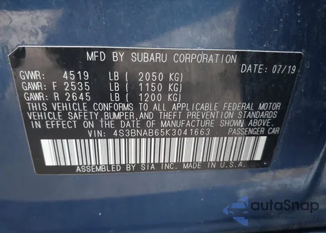 2019 Subaru Legacy 2.5I z USA, uszkodzony, nr VIN 4S3BNAB65K3041663